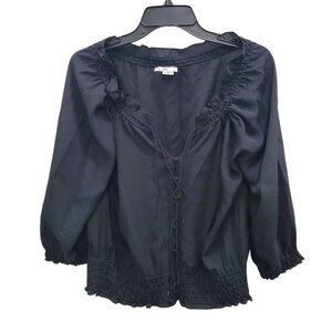 Joie Women's Black Sheer Button‎ Up 3/4 Sleeve Drawstring Neckline Peasant Top S